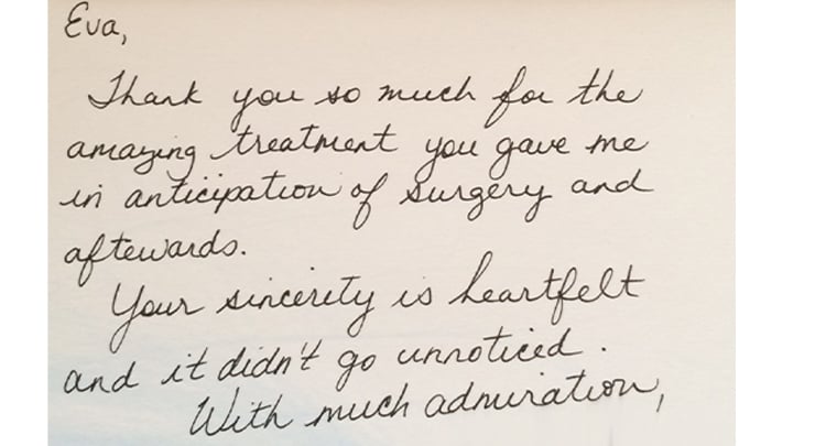 Card saying thank you to a plastic surgery patient coordinator.