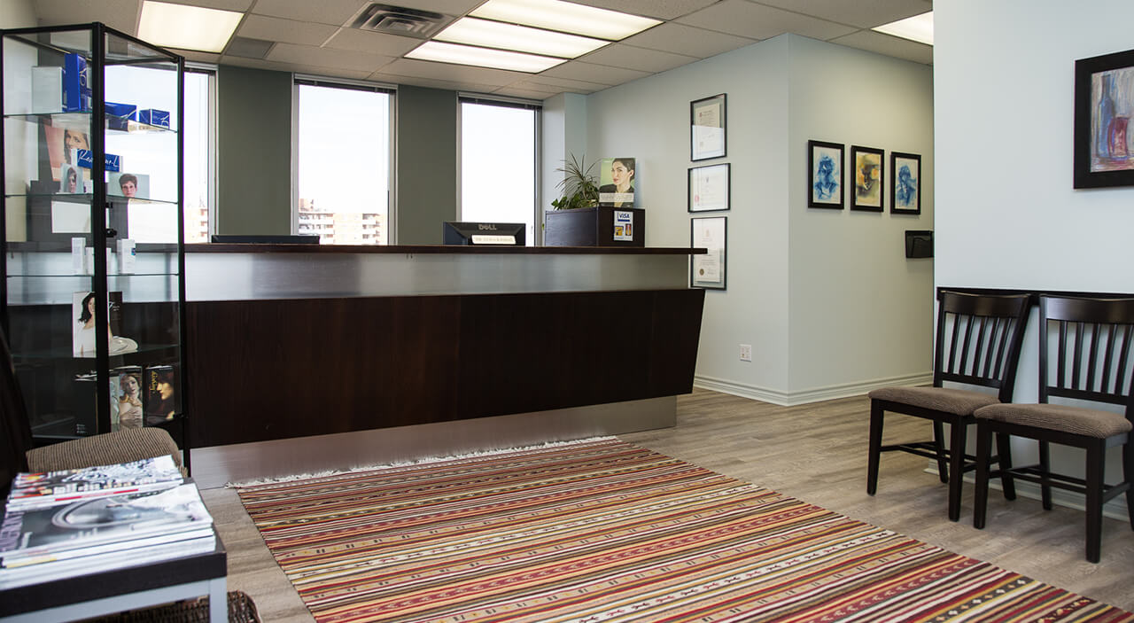 Reception desk of Toronto plastic surgery office of Dr. Leila Kasrai.